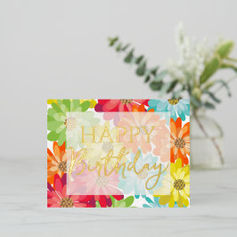 Happy Birthday farbenfrohe Frühlingsblumen Gold Folien Feiertagspostkarte