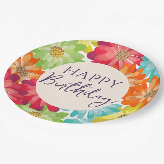 Happy Birthday farbenfrohe Frühlingsblumen Pappteller (Schrägansicht)