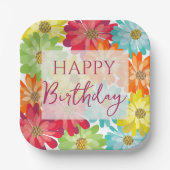 Happy Birthday farbenfrohe Frühlingsblumen Pappteller (Vorderseite)