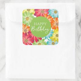 Happy Birthday farbenfrohe Frühlingsblumen Quadratischer Aufkleber