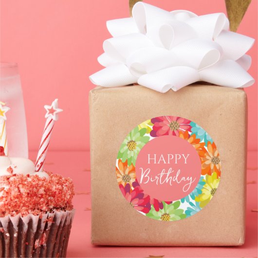 Happy Birthday farbenfrohe Frühlingsblumen Runder Aufkleber (Party)