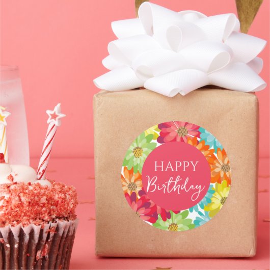 Happy Birthday farbenfrohe Frühlingsblumen Runder Aufkleber (Party)