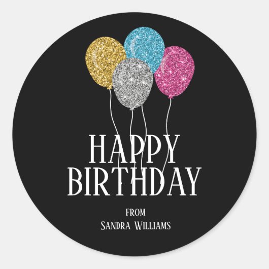 Happy Birthday farbenfrohe Glitzer Balloons Custom Runder Aufkleber (Vorderseite)