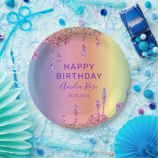 Happy Birthday Farbenfrohe Glitzer Tropfens Party Pappteller (Party)