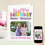 Happy Birthday farbenfrohe Kerzen Niedliches Foto Karte<br><div class="desc">Personalisierte Geburtstagskarte mit bunten Kerzen. Die Vorlage ist für Sie bereit, 3 Ihrer Lieblings-Fotos hinzuzufügen und die Formulierung mit einem Namen oder Beziehung (Isabella / bestie / Schwester, zum Beispiel), eine Nachricht am Ende wie "haben Sie einen phantastischen Tag!" zu personalisieren. Sie können die Nachricht auch im Inneren anpassen, wenn...</div>