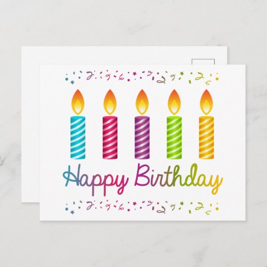 Happy Birthday farbenfrohe Kerzen Postkarte (Vorne/Hinten)