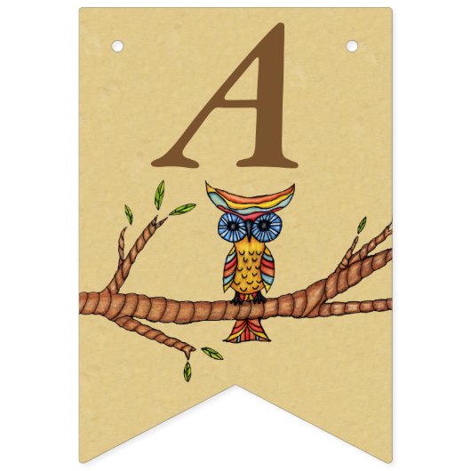 Happy Birthday farbenfrohe Owl on Branntbrown Wimpelkette (Zweite Fahne)