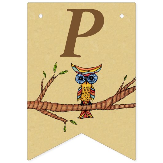Happy Birthday farbenfrohe Owl on Branntbrown Wimpelkette (Dritte Fahne)