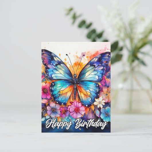 Happy Birthday | Farbenfrohe Schmetterlinge Postkarte (Stehend Vorderseite)