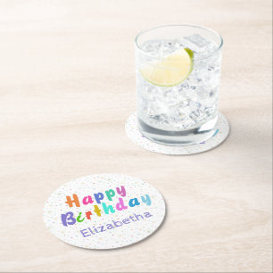 Happy Birthday farbenfrohe Sterne und Text persona Runder Pappuntersetzer