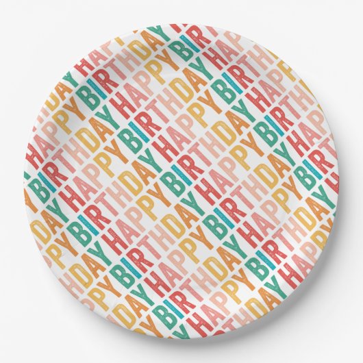 Happy Birthday farbenfrohe Typografie Pappteller (Vorderseite)