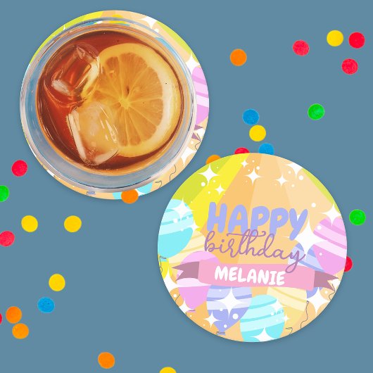 Happy Birthday farbenfroher Cartoon Balloons Glitz Runder Pappuntersetzer