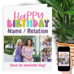 Happy Birthday Farbige Kerzen 3 Foto Collage Karte<br><div class="desc">Personalisierte Geburtstagskarte mit bunten Kerzen. Die Vorlage ist für Sie bereit, 3 Ihrer Lieblings-Fotos hinzuzufügen und die Formulierung mit einem Namen oder Beziehung (Isabella / bestie / Schwester, zum Beispiel), eine Nachricht am Ende wie "haben Sie einen phantastischen Tag!" zu personalisieren. Sie können die Nachricht auch im Inneren anpassen, wenn...</div>