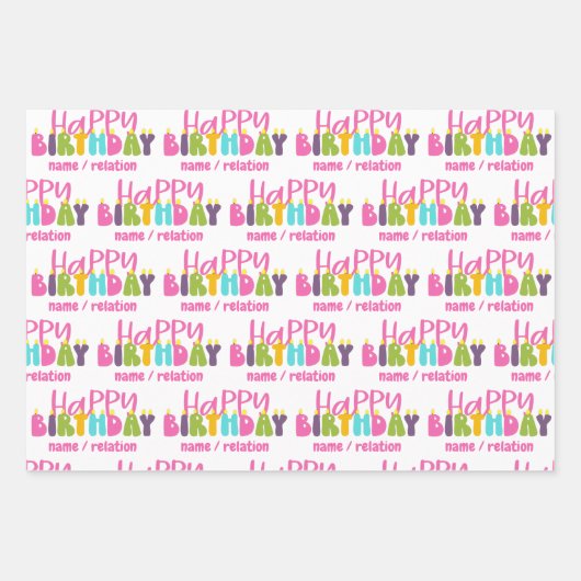 Happy Birthday Farbige Kerzen Set 3 Geschenkpapier Set (Vorderseite)