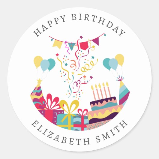 Happy Birthday Farbige Party Benutzerdefinierter T Runder Aufkleber (Vorderseite)