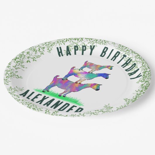 Happy Birthday farbige Ziegen und Blätter Pappteller (Schrägansicht)
