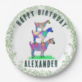 Happy Birthday farbige Ziegen und Blätter Pappteller (Vorderseite)