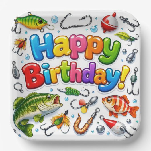 Happy Birthday Fish, Lures and Hooks Pappteller (Vorderseite)