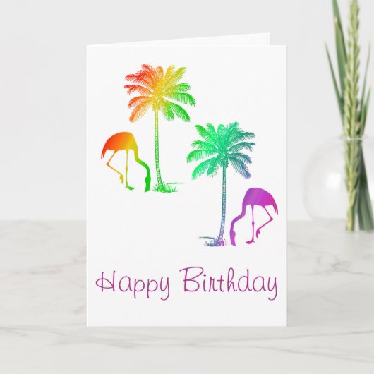Happy Birthday Flamingos Palm Trees Rainbow Karte (Vorderseite)
