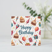 Happy Birthday Flat Card mit Balloons und Kuchen (Stehend Vorderseite)
