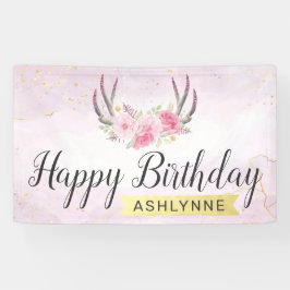 Happy Birthday Floral Antlers Blush Pink & Gold Banner