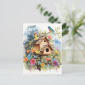 Happy Birthday Floral Birdhouse und Vögel Postkarte (Stehend Vorderseite)