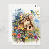 Happy Birthday Floral Birdhouse und Vögel Postkarte (Vorne/Hinten)