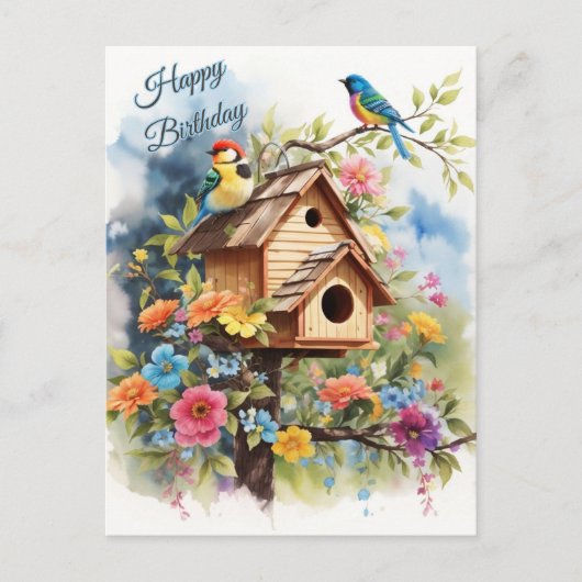 Happy Birthday Floral Birdhouse und Vögel Postkarte (Vorderseite)
