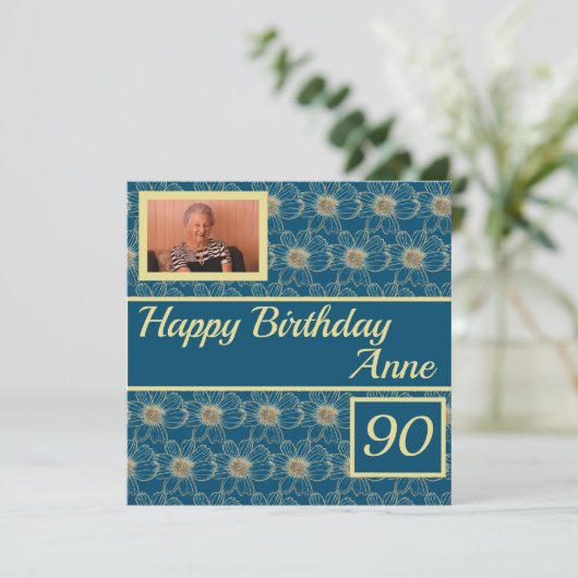Happy Birthday Floral gold Aquamarines Design Cust (Stehend Vorderseite)