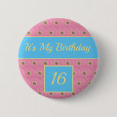 Happy Birthday Floral gold / Pink / Blau Design Button (Vorderseite)