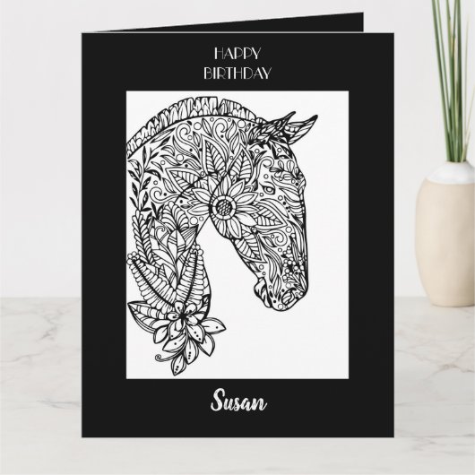 Happy Birthday Floral Horse Aduloring Card Karte (Vorderseite)