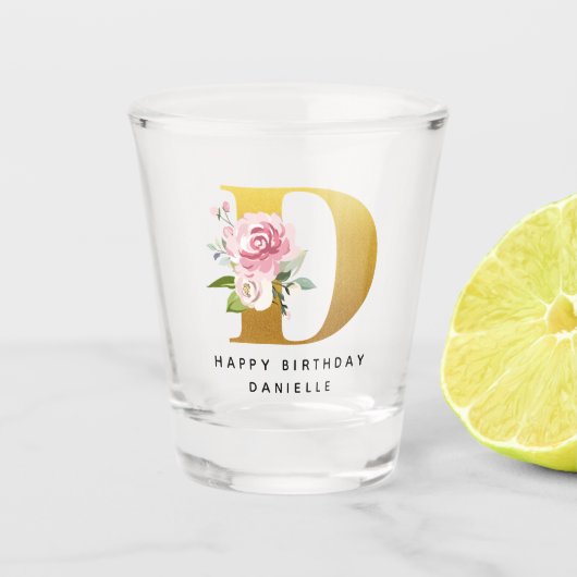 Happy Birthday Floral Monogram Personalisiert Name Schnapsglas (Vorderseite)