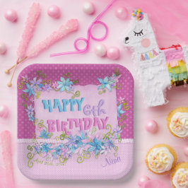 Happy Birthday Floral Pink Lila Polka Dots Pappteller