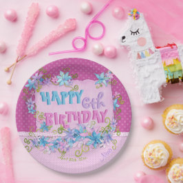 Happy Birthday Floral Pink Lila Polka Dots Pappteller