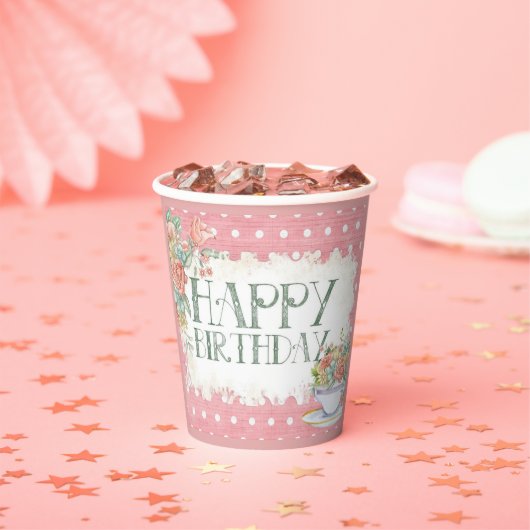 Happy Birthday Floral Pink Party Paper Cup Pappbecher (Insitu)