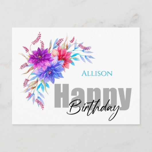 Happy Birthday Floral Watercolor Postcard Postkarte (Vorderseite)