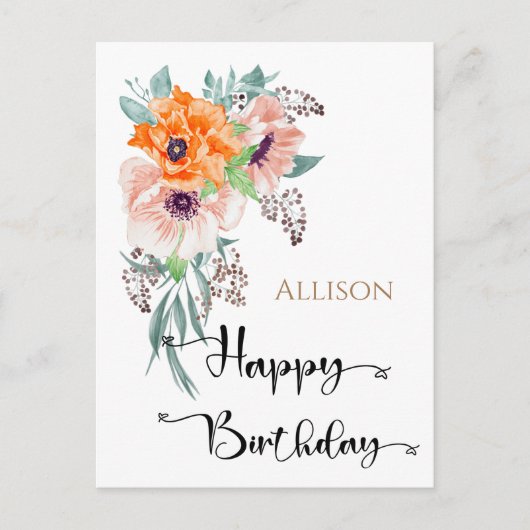 Happy Birthday Floral Watercolor Postkarte (Vorderseite)