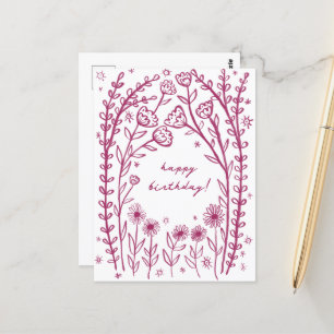 Happy Birthday Floral Whimsical Sketch Doodle Postkarte