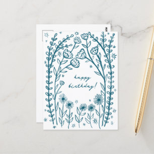 Happy Birthday Floral Whimsical Sketch Doodle Postkarte