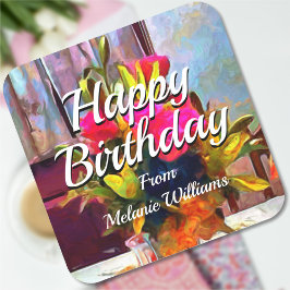 Happy Birthday Flowers PM0001 Quadratischer Aufkleber
