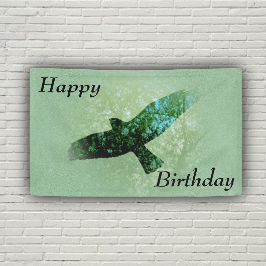Happy Birthday Flying Black Crow Trees Green Banner