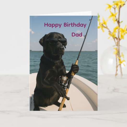 Happy Birthday for Dad, black Labrador fishing Karte (Gelbe Blume)