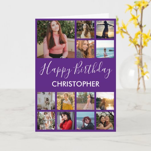 Happy Birthday Foto Collage 13 Fotos Lila Karte (Gelbe Blume)