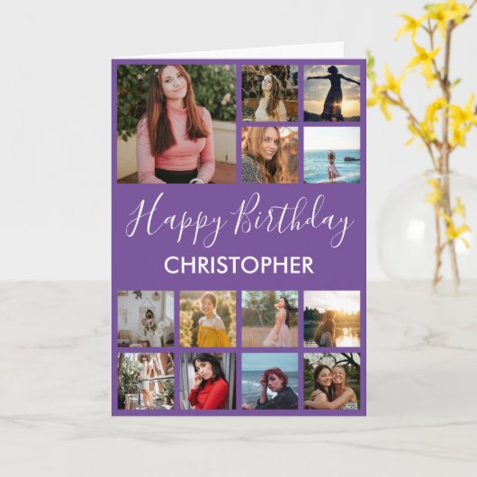 Happy Birthday Foto Collage 13 Fotos Lila Karte (Gelbe Blume)