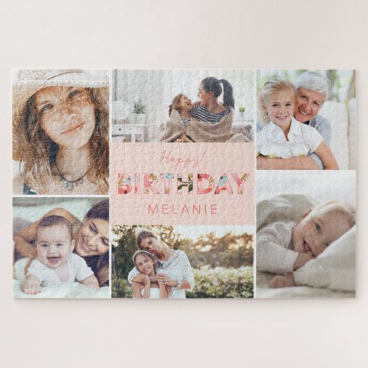 Happy Birthday Foto Collage & Floral Muster Puzzle (Horizontal)