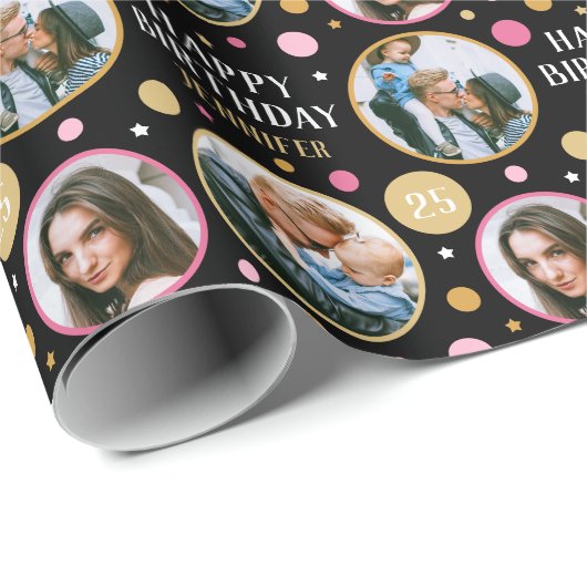 Happy Birthday Foto Collage jedes Alter rosa 25. Geschenkpapier (Rolleneckpunkt)