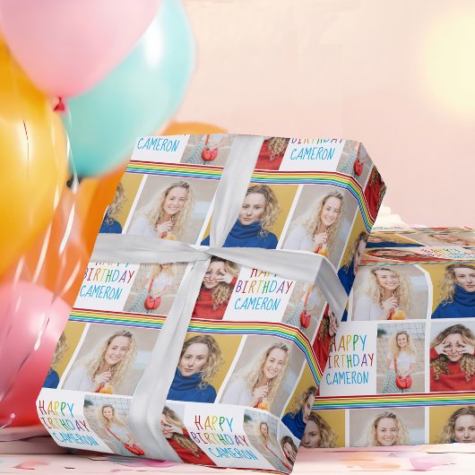 Happy Birthday Foto Collage Schöner Regenbogen Geschenkpapier