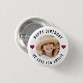 Happy Birthday Foto Einfaches Chic Modernes Herz Button (Vorne & Hinten)