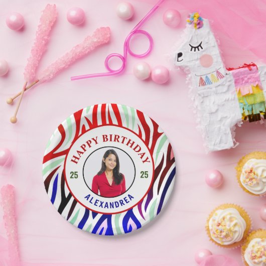 Happy Birthday Foto Farbenfrohe Streifen personali Pappteller (Party)