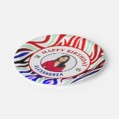 Happy Birthday Foto Farbenfrohe Streifen personali Pappteller (Schrägansicht)